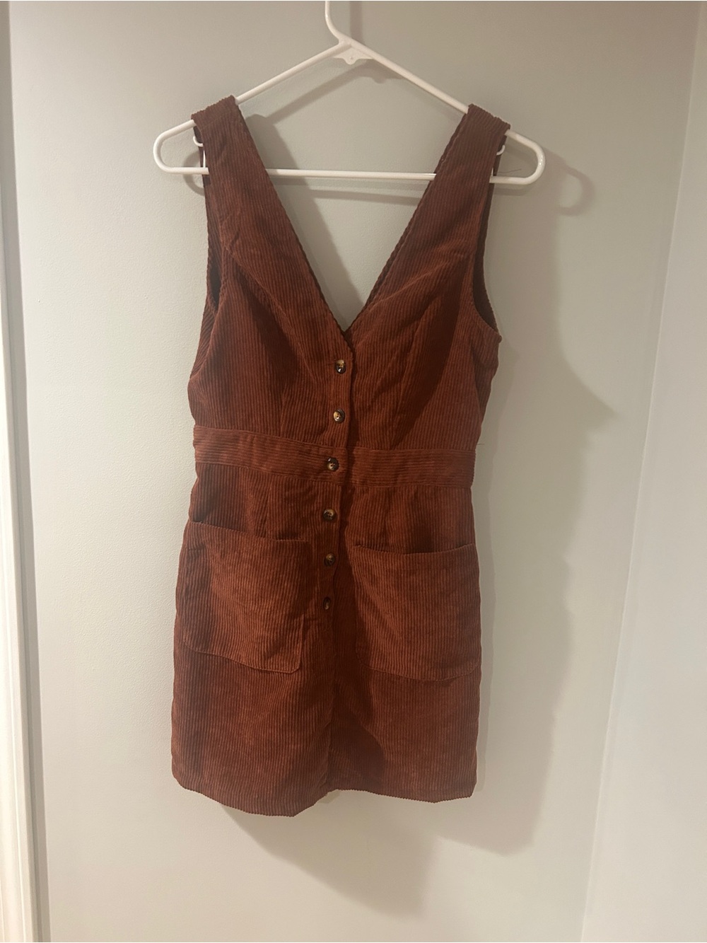 SHEIN Rust Brown Corduroy Button-Front Pinafore Mini Dress
